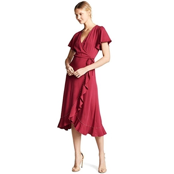 LOYD/FORD Flutter Sleeve Studded Ruffle Midi Wrap Dress Raspberry Red 0 / XS - Picture 2 of 14